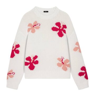 White Oversized Crewneck Sweater with Hibiscus Intarsia Pattern