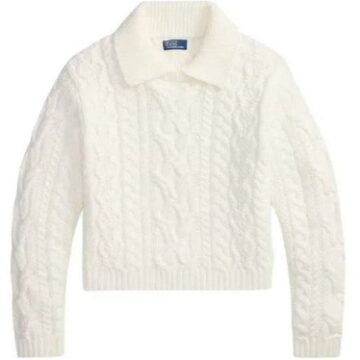 White Cable-Knit Cropped Polo Sweater