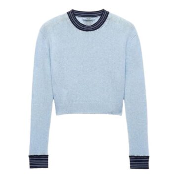 Light Blue Cropped Pullover with Navy Ribbed Trim