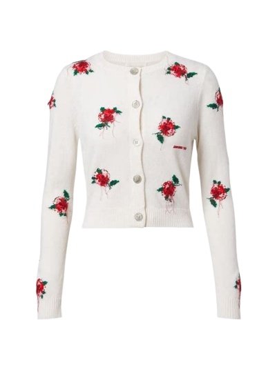 Cream Floral Embroidered Cropped Cardigan