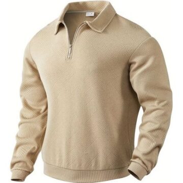 Beige Quarter-Zip Knit Pullover with Chevron Pattern