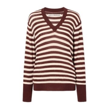 Burgundy and Cream Striped V-Neck Pullover Sweater