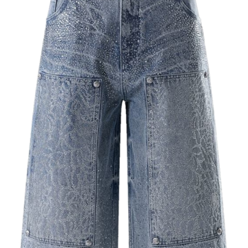 Light Wash Rhinestone Wide-Leg Denim Pants